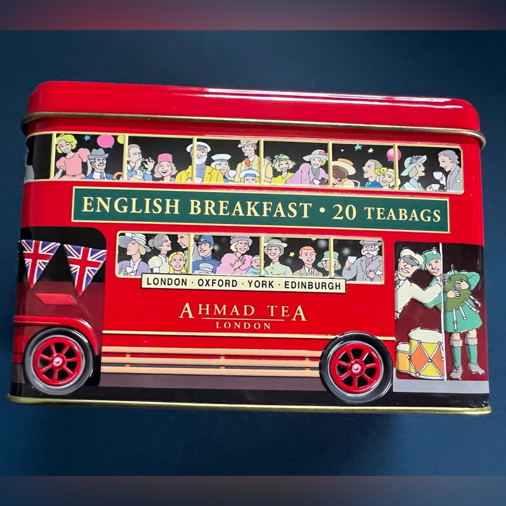 Cute London double-decker bus themed Ahmad Tea English Breakfast Tin (empty)